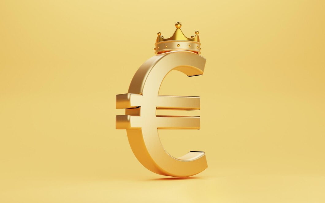 golden euro sign with gold crown yellow background euro is king main currency exchange world from european union concept by 3d render 616485 85