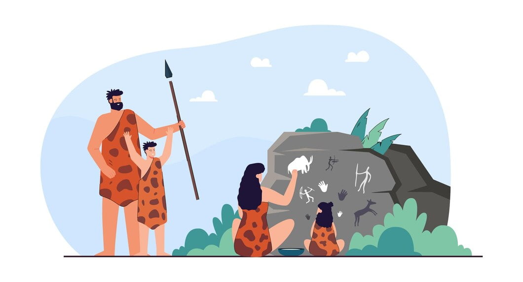 family cavemen rock with prehistoric drawings woman kid drawing with hands flat vector illustration history ancient age concept banner website design landing web page 74855 23035