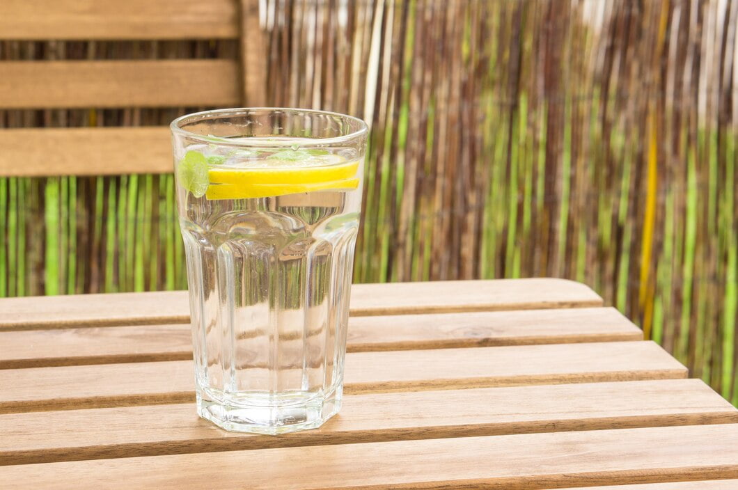 closeup shot glass water with lemon mint wooden bench 181624 26097