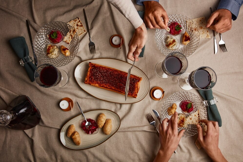 top view people having feast first day passover seder 23 2150247703