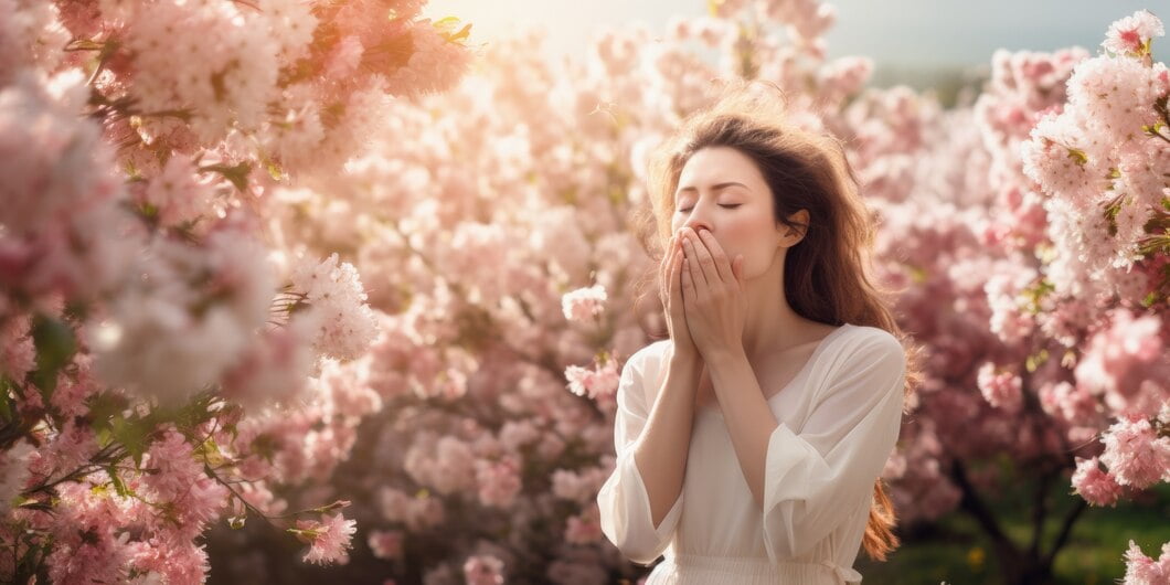 woman suffering from allergy by being exposed flower pollen outside 23 2151110580