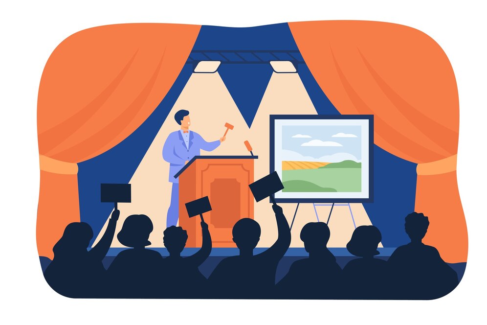 man holding gavel special stand selling picture flat vector illustration cartoon crowd buyer raising hands bidding price art auction painting gallery concept 74855 13150