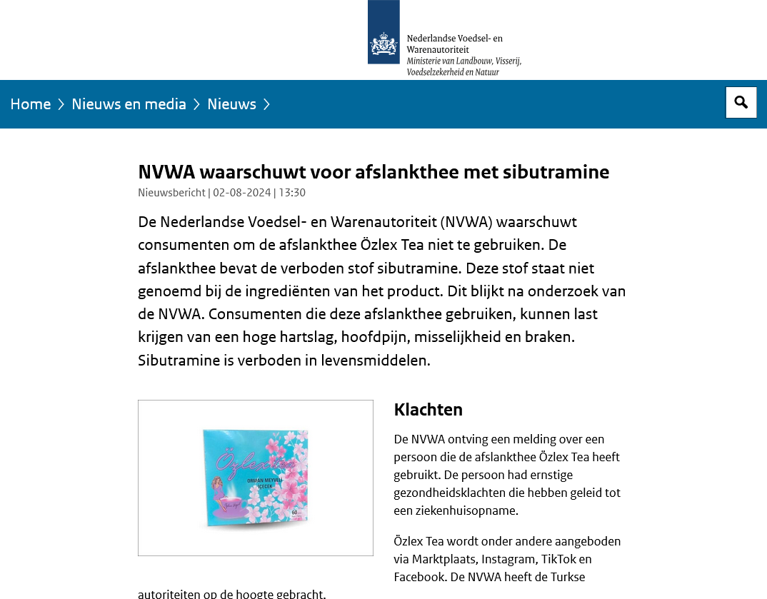 screenshot 2024 08 11 at 10 50 43 nvwa waarschuwt voor afslankthee met sibutramine nieuwsbericht nvwa