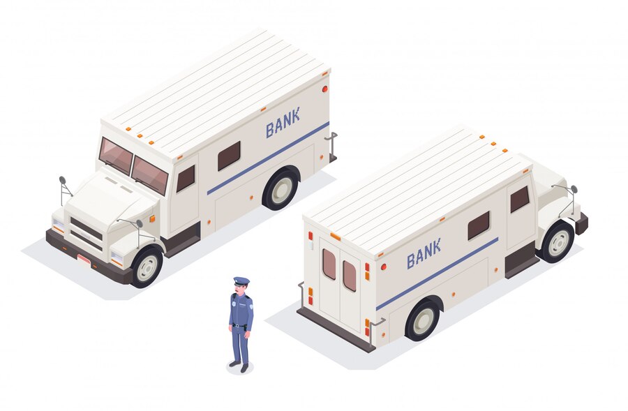 banking financial isometric composition with isolated images bank cash transit vans 1284 30720