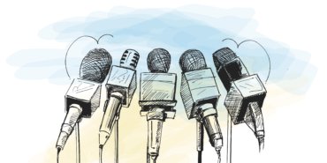 Line art illustration of microphones and recorders for journalis