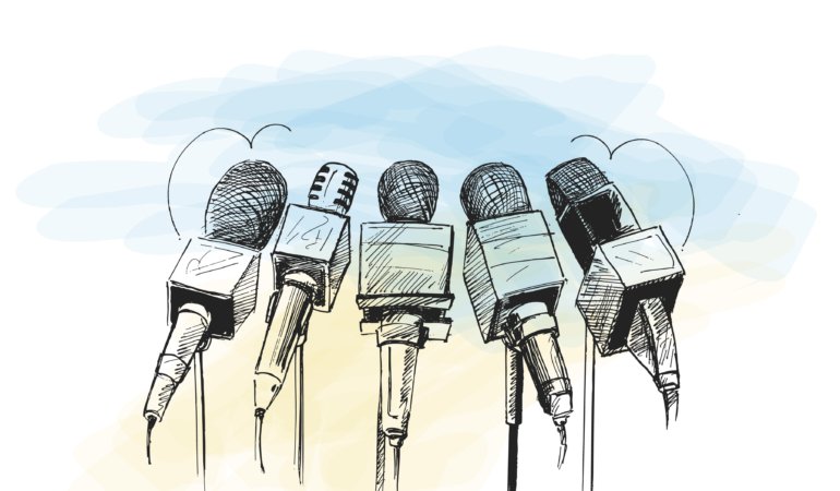 Line art illustration of microphones and recorders for journalis