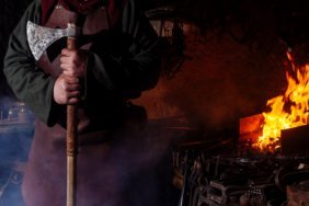 Viking forge weapon sword man warrior clothe fire