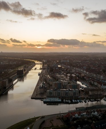 Bird's eye view of the buildings on the riverbank in Middelburg, the Netherlands