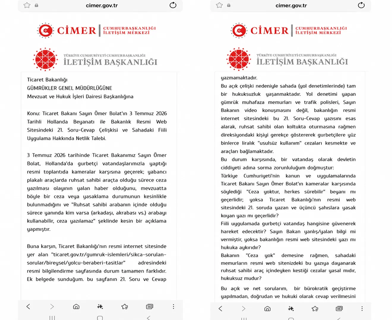 CİMER’den Flaş Yanıt: Bakan Bolat’ın “Herkes Sürebilir” Sözü Resmi Yazıyla Çürütüldü