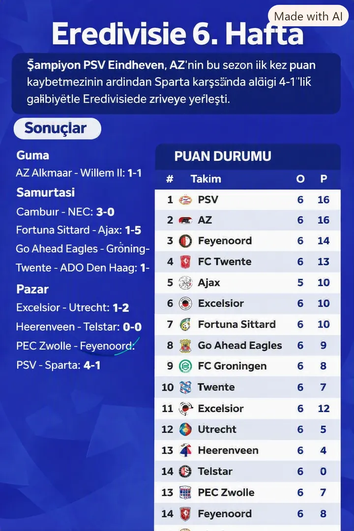 PSV’nin lider olduğu, filelere gol yağan Eredivisie’de 6. Haftada maç sonuçları ve puan durumu