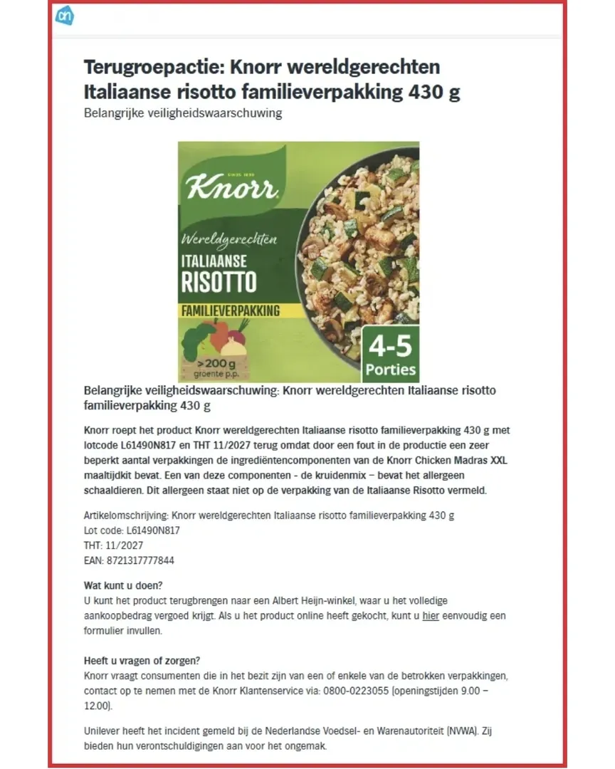 Albert Heijn'de Alerjen Alarmı: Knorr Risottoya Yanlış Baharat Karışımı Karıştı, Kabuklu Deniz Ürünü Riski Var 4 Screenshot 20260904 161547 Facebook