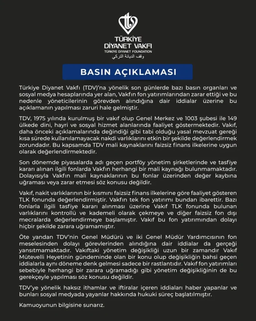 Türkiye Diyanet Vakfı’ndan fon iddialarına ilişkin yeni açıklama: “Zarar etmedik.”